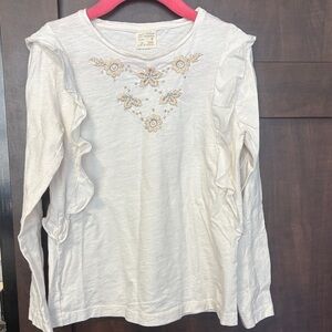 Zara girls White Ruffled Long Sleeve Top with Floral Embroidery-size 8